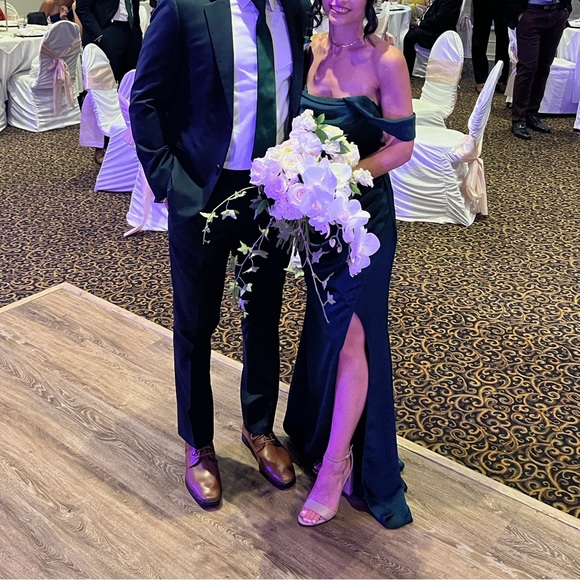 Kimberley Bottle Green Bardot Fishtail Satin Maxi Dress | Club L London | US 2 - Picture 12 of 13